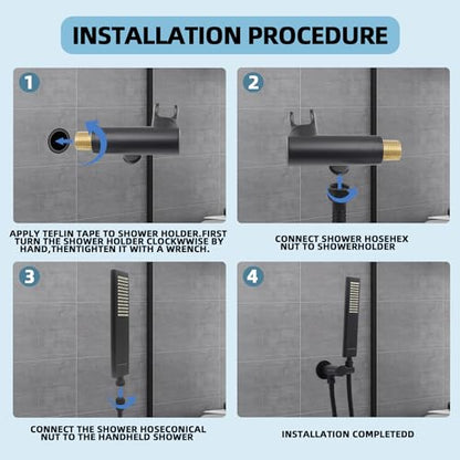 Solid Brass Handheld Shower Head Arc Design High Pressure Matte Black Hand Shower Wand with Adjustable Supply Elbow Wall Connector Shower Holder and 59″ Stainless Steel Hose Set - color: Matte Black