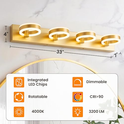 LED Bathroom Light Fixtures, 33inch Gold Vanity Lights, Modern 4 Light Acrylic Wall Sconces, 350° Rotatable Wall Lighting Fixture Over Mirror - color: Gold, size: 4 Lights