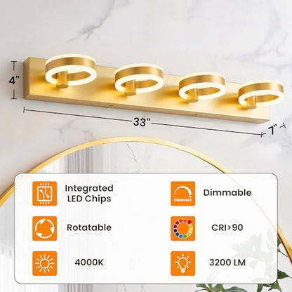 LED Bathroom Light Fixtures, 33inch Gold Vanity Lights, Modern 4 Light Acrylic Wall Sconces, 350° Rotatable Wall Lighting Fixture Over Mirror - color: Gold, size: 4 Lights