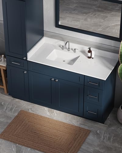 63" Bathroom Vanity with Linen Storage Tower and 4 Drawers, Carrara Quartz Top and Ceramic Sink, Left or Right Tower Option, Solid Wood Frame, 64" x 22" x 72" (Navy Blue, Left Tall Cabinet) - color: Navy Blue