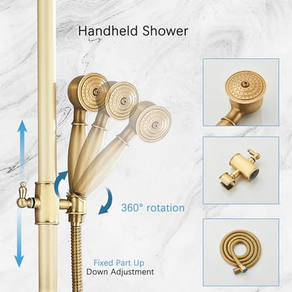 Antique Brass Shower System Bathroom Shower Faucet Set with 8 Inch Rainfall Shower Head Handheld Spray 2 Cross Handles Wall Mounted Outdoor Shower Fixtures Solid Brass - color: Antique Brass, style: Two Modes