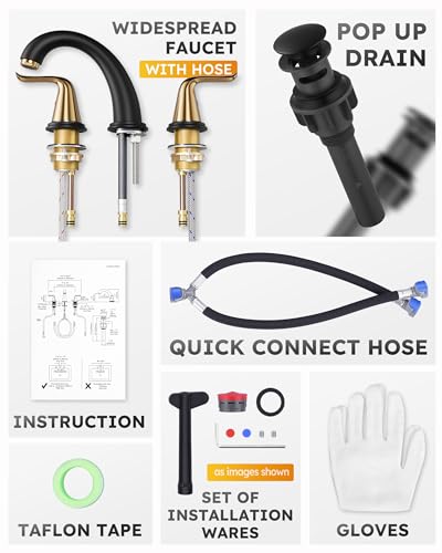 WOWOW Black and Gold Widespread Bathroom Faucet Bathroom Sink Faucet 3 Hole Vanity 2 Handle Basin 8 Inch Mixer Tap with Pop Up Drain and Supply Hose - color: Black and Gold