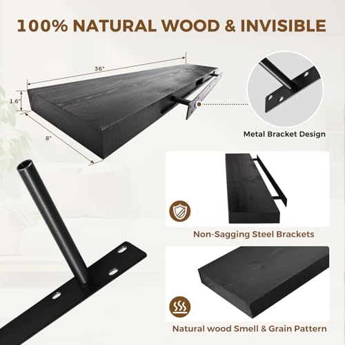 Solid Wood Floating Shelves, 36 Inch Wall Shelves, Set of 2, Black | 8 Inch Deep, 1.6 Inch Thick, Extra-Wide Display Space, Mounting Hardware Included, For Kitchen, Bathroom and Living Room - color: Black, size: 36x8x1.6