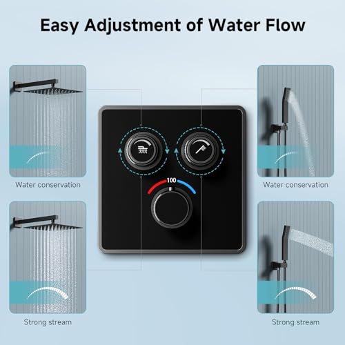 SR SUN RISE 100℉ Brushed Matte Black Shower System,10 Inch | Luxury Rainfall Shower Head,High-Pressure Handheld Shower,Soild Brass,Wall Mount,Valve and Trim Kit Included - color: Classic Matte Black, style: 10"