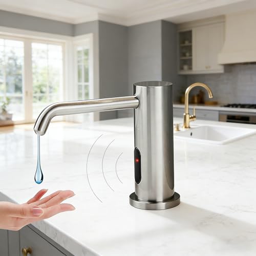 Touchless Automatic Soap Dispenser for Kitchen & Bathroom – Built-in Brushed Nickel Electric Liquid Soap Dispenser with 1000ml Large Capacity, Infrared Sensor, and Premium Brass Core (33.8oz)