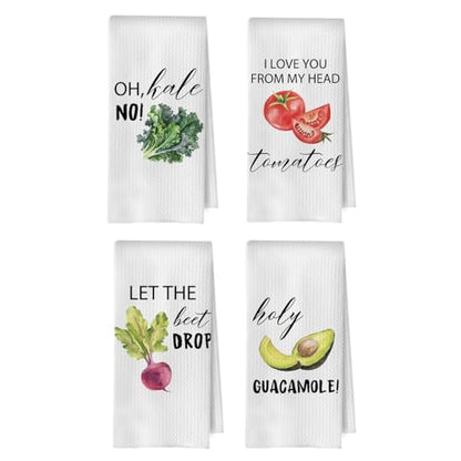 Funny Foodie Kitchen Towels Set - Vegetarian Gifts Decorative Waffle Dish Towels, Funny Hostess Gifts Hand Towel, Housewarming Gift Tea Towel, 16x24 Inches Set of 4 - color: Foodie- 02