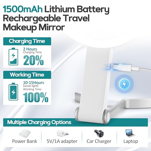 30x/1x Magnifying Travel Mirror with Light, Double-Sided Rechargeable Adjustable Brightness 3 Colour Lighting, Folding, Handheld/Hangable/Tabletop, 3 Ways Using Mirror, White - color: White-travel