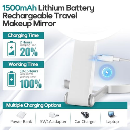 30x/1x Magnifying Travel Mirror with Light, Double-Sided Rechargeable Adjustable Brightness 3 Colour Lighting, Folding, Handheld/Hangable/Tabletop, 3 Ways Using Mirror, White - color: White-travel
