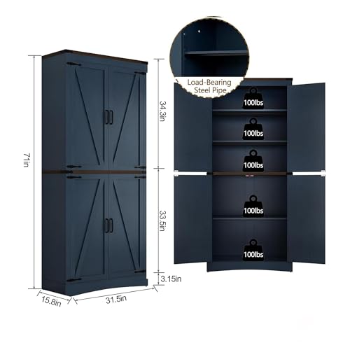 Hlivelood 71" Tall Kitchen Pantry,Farmhouse Storage Cabinet with Adjustable Shelves,Load-Bearing Steel Pipe,Farmhouse Pantry Cabinet with 4 Barn Doors,for Kitchen,Dining Room,Living Room(Blue) - color: Blue