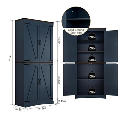 Hlivelood 71" Tall Kitchen Pantry,Farmhouse Storage Cabinet with Adjustable Shelves,Load-Bearing Steel Pipe,Farmhouse Pantry Cabinet with 4 Barn Doors,for Kitchen,Dining Room,Living Room(Blue) - color: Blue