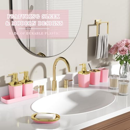 Bathroom Set - 27PC Bathroom Sets with Shower Curtain and Rugs, Pink Bathroom Set, Bathroom Accessory Set, Trash Can, Toilet Brush & 3 PC Soap Dispensers - color: Pink, size: Bath Set+Boho Shower Curtain+Bath Rugs