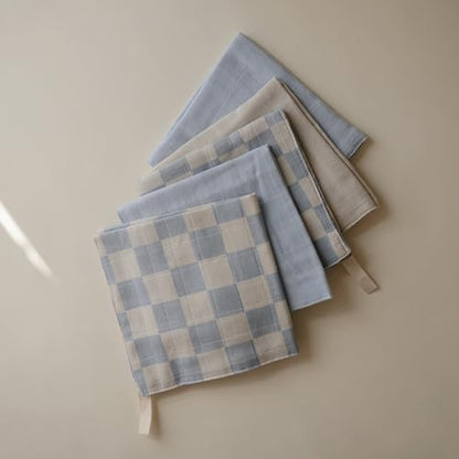 mushie Muslin Organic Cotton Washcloths 5-Pack (Blue Check Combo) | Soft Wipes for Baby Cleanups and Bathing - color: Blue Check Combo