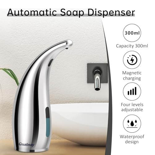 Automatic Soap Dispenser, 300 mL, 4 Levels, Rechargeable | Touchless sensor dispensing with 4 adjustable output levels, a 300 mL tank, and convenient magnetic charging for daily use - color: Silver 2 Pack