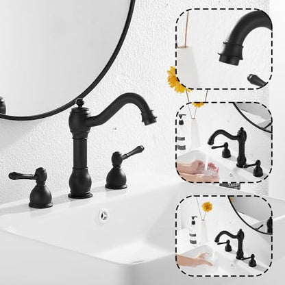 2 Handles 3 Holes Faucet Widespread Bathroom Sink Faucet Basin Tap Mixer Supply Hose Included Matching Pop Up Drain Matte Black - color: Black, size: Widespread
