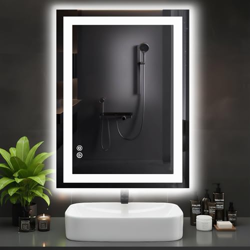 LED Bathroom Mirror with Lights, 36x28 Inch Wall Mount Vanity Mirror for Over Sink with Anti-Fog, 3 Colors Brightness, Backlit + Front Lit, Memory Function, Shatterproof and Tempered Glass - color: Led-white Rect, size: 36"L x 28"W