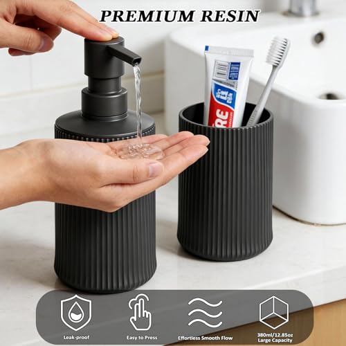 Bathroom Accessories Set Black Soap Dispenser Toothbrush Cup Set | Plastic Bathroom Set Accessories, 2-Piece Bathroom Counter Set for Modern Decor - size: Bath Set (2PC)