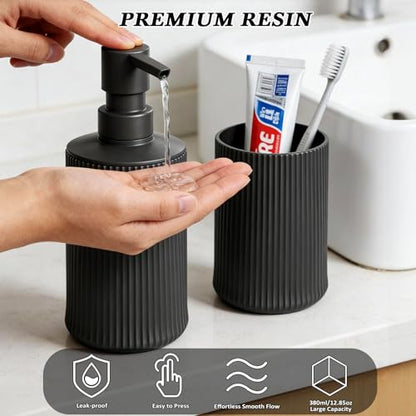 Bathroom Accessories Set Black Soap Dispenser Toothbrush Cup Set | Plastic Bathroom Set Accessories, 2-Piece Bathroom Counter Set for Modern Decor - size: Bath Set (2PC)