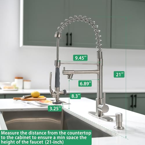 Fapully 4 Hole Kitchen Sink Faucet with Soap Dispenser Brushed Nickel | Commercial Grade High Pressure Kitchen Faucets,SuS Stainless Steel, Single Handle Design, High Arc, 360° Swivel - color: Brushed Nickel, style: Contemporary