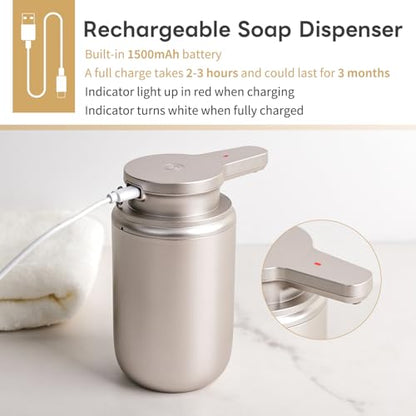 LAOPAO Automatic Soap Dispenser, Rechargeable Touchless Foaming Hand Soap Dispenser for Bathroom, Soap Pump for Kitchen, Water-Resistant, Xmas Gift 10oz, Light Silver, Plastic - color: Foam