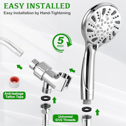 OHDAY® High Pressure Shower Head with Handheld Built-in Power Wash 6-Mode | Powerful Showerhead with 70'' Stainless Steel Hose,Adjustable Bracket,Power Wash for Tub,Tile,Pet & Bathroom Corner