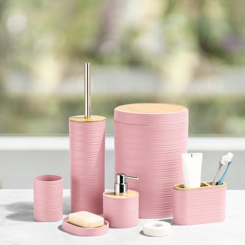 CERBIOR Bamboo Bathroom Accessories Set 6 Piece Spiral Bath Ensemble（Pink） | Includes Soap Dispenser, Toothbrush Holder, Toothbrush Cup, Soap Dish for Decorative Countertop and Housewarming Gift, Pink - style: Pink