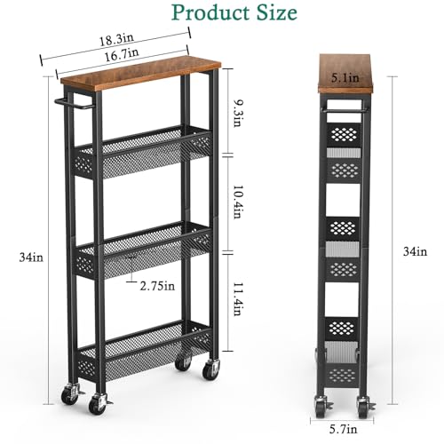 XYZLVSI Utility Slim Storage Cart on Wheels, 4 Tier Laundry Room Organizers | 5" W narrow shelf for small spaces, skinny rolling cart with wooden top and metal handle for kitchen/bathroom/Office/Dorm - size: 16.7"Dx5.0"Wx34"H