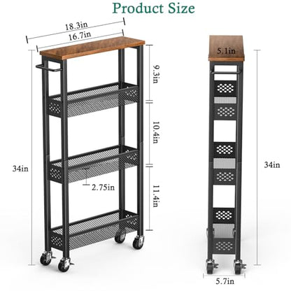 XYZLVSI Utility Slim Storage Cart on Wheels, 4 Tier Laundry Room Organizers | 5" W narrow shelf for small spaces, skinny rolling cart with wooden top and metal handle for kitchen/bathroom/Office/Dorm - size: 16.7"Dx5.0"Wx34"H