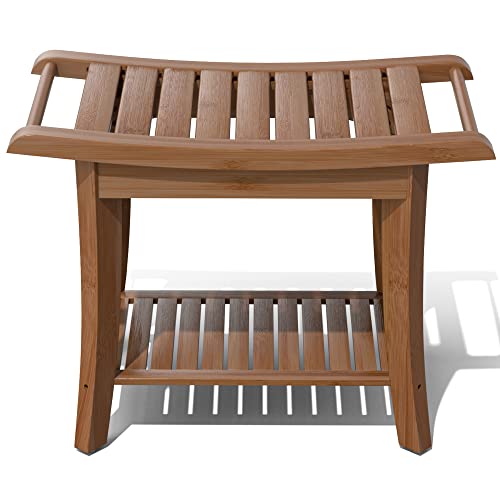 Bamboo Shower Stool Bench Waterproof with Storage Shelf for Shaving Legs or Spa Bath Seat in Bathroom & Inside Shower for Adults Seniors Elderly (24 x 13.4 x 18.5 inches+Walnut) - size: 24 x 13.4 x 18.5 inches+Walnut