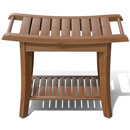 Bamboo Shower Stool Bench Waterproof with Storage Shelf for Shaving Legs or Spa Bath Seat in Bathroom & Inside Shower for Adults Seniors Elderly (24 x 13.4 x 18.5 inches+Walnut) - size: 24 x 13.4 x 18.5 inches+Walnut