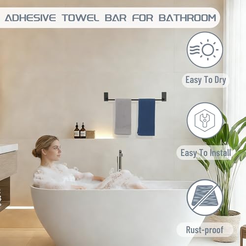 Alise Adhesive Towel Bar, 24 Inch Towel Racks for Bathroom,Matte Black | SUS 304 Stainless Steel,Bathroom Towel Holder No Drill, Strong Self Adhesive Towel Bar - color: Black, size: PJ-24 Inch