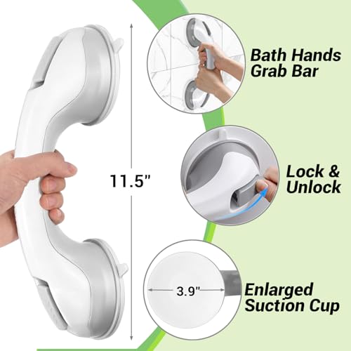 11 Inch Suction Grab Bars for Bathtub Shower, 2 Pack Heavy Duty No Drill Bathroom Safety Handles with Double Locking Suction Cups, Non Slip Shower Grab Bar for Seniors, Elderly, Pregnant Women