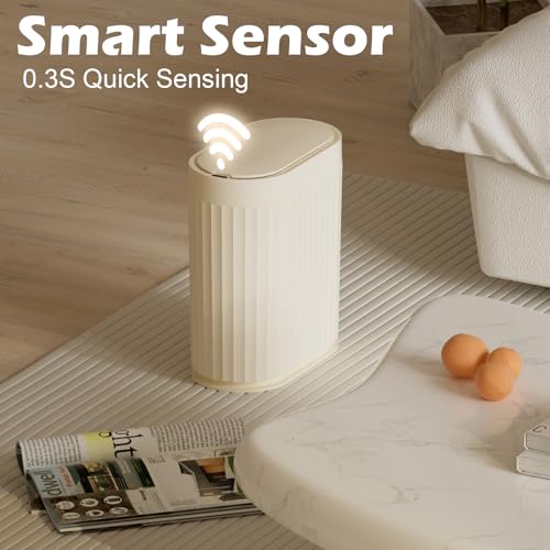ELPHECO 2 Gallon Sensor Trash Can, Automatic Lid, Beige | IPX5 Waterproof Bathroom Trash Bin, Slim Garbage Can, Plastic Wastebasket for Office, Bedroom and Living Room - color: Beige