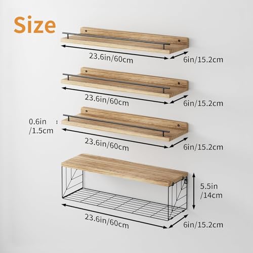 Whonline 3+1 Tier Over The Toilet Bathroom Shelves, 23.6” Rustic Farmhouse Floating Wall Shelves with Metal Guardrail for Bathroom Storage & Home Decor