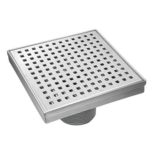 6-Inches Square Shower Drain with Flat Cover, Stainless Steel Shower Floor Drain with Removable Quadrato Pattern Grate, Floor Shower Drain with Hair Strainer, Brushed - color: Brushed, size: 6 Inches
