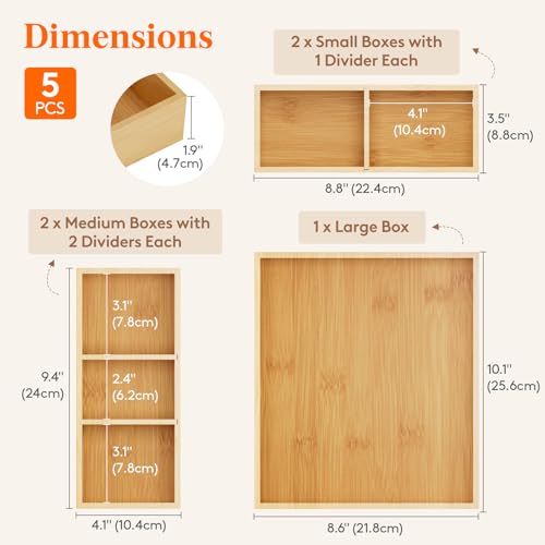 Lifewit Drawer Organizers 5 Pack(11 Grid) with 6 Inserts | Adjustable Bamboo Wooden Trays for Utensils, Silverware, Makeup, Kitchen, Bathroom, Office, Vanity Storage