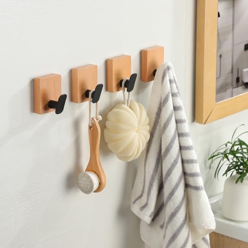 DELITON Towel Hooks Wall Mounted - Adhesive Bathroom Coat Hooks for Hanging Robes Clothes Light Brown, Black Solid Wood Beech Wall Hook 4 Packs - color: Light Brown