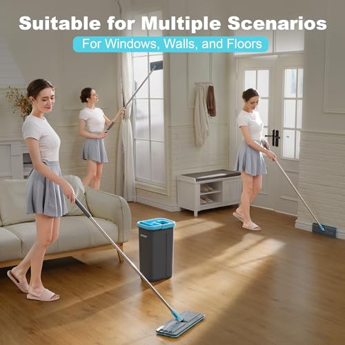 JOYMOOP Flat Mop, Microfiber Floor Cleaner with 60" Long Handle and Flexible 13" Head, Grey & Cyan Blue - color: Grey & Cyan Blue, size: 60" Mop with 13" Mop-head