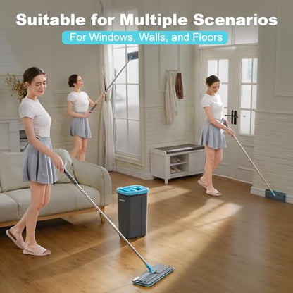 JOYMOOP Flat Mop, Microfiber Floor Cleaner with 60" Long Handle and Flexible 13" Head, Grey & Cyan Blue - color: Grey & Cyan Blue, size: 60" Mop with 13" Mop-head