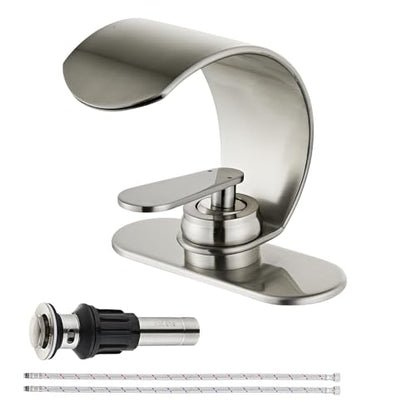 Waterfall Single Hole Bathroom Sink Faucet, 304 Stainless Steel Single Handle Modern Bathroom Faucet, Snake Shape Design Basin Tap, Single Handle Basin Tap with Pop Up Drian Supply Line - color: Sliver