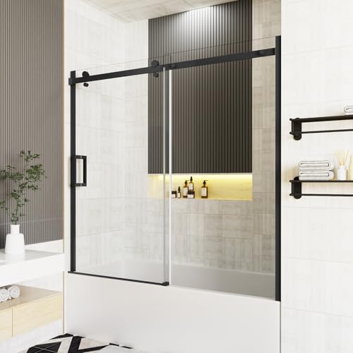 Frameless Bathtub Sliding Shower Door, 5/16" (8mm) Clear Tempered Glass, 56-60" W x 58" H, Quiet Soft-Close, Reversible Installation, SGCC Certified (Matte Black-Bathtub Style A, 60" W x 58" H) - color: Matte Black-Bathtub A-60" W x 58" H