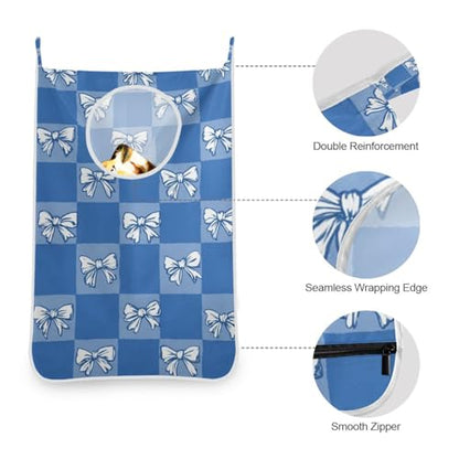 1PC Hanging Laundry Hamper Bag Over the Door Laundry Hamper Wall Hamper Large Dirty Clothes Hamper with Stainless Steel Hooks 29.5x20Inch Blue Checkerboard Bow Tie - color: Blue Checkerboard Bow Tie, size: 1 PC