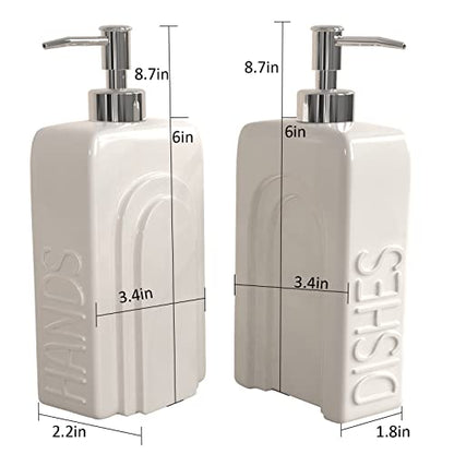 Soap Dispenser Set with Stainless Steel Pump, 2 Pack Ceramic Refillable Dish Soap and Hand Soap Dispenser for Kitchen, Bathroom, Matte White - color: White