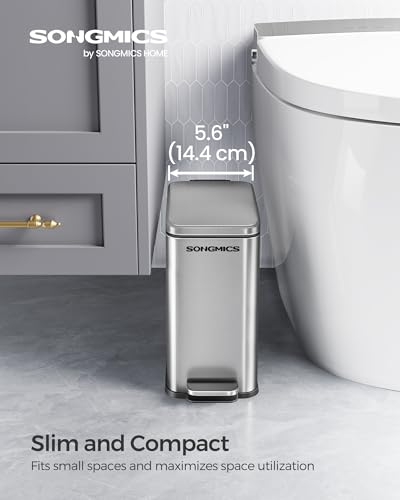 SONGMICS Bathroom Trash Can, 1.3 Gallon (5 L) Small Trash Bin with Lid, Slim for Small Spaces, Stainless Steel Garbage Can, Soft Close, Silver ULTB560E05 - color: Silver, style: 1.3 Gal.