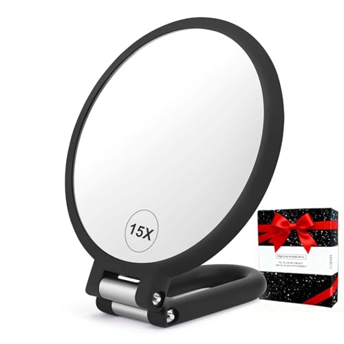 CLSEVXY Magnifying Handheld Mirror Double Sided, 1X 15X Magnification Hand Mirrors, Travel Folding Hand Held Mirror, 360°Rotation Pedestal Makeup Vanity Mirror - color: Black