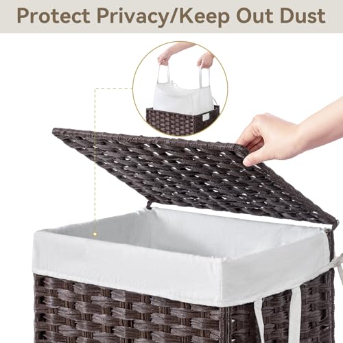 Chrislley Wicker Laundry Basket with Wheels,Rolling Laundry Hamper with Lid | 90L Slim Clothes Hamper with Wheels & Removable Liner Bag, Handwoven Rattan Laundry Organizer for Bedroom, Bathroom, Brown - color: Brown