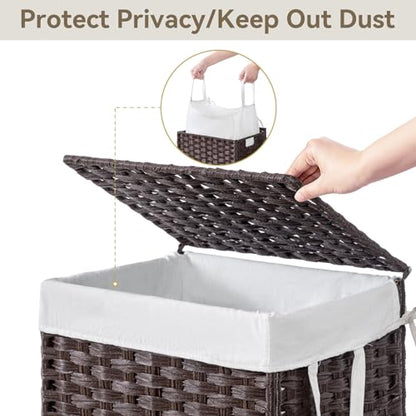 Chrislley Wicker Laundry Basket with Wheels,Rolling Laundry Hamper with Lid | 90L Slim Clothes Hamper with Wheels & Removable Liner Bag, Handwoven Rattan Laundry Organizer for Bedroom, Bathroom, Brown - color: Brown
