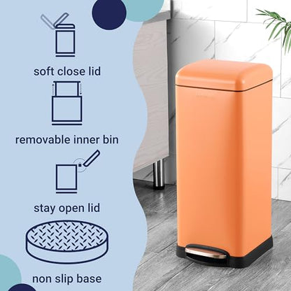 happimess Betty 8 Gal Step Trash Can Soft-Close Lid, Carrot Cake | Removable Liner, Semi-Rectangular, Steel Pedal, Iron Powder Coated, 27" Height, Non-Skid Base - color: Carrot Cake