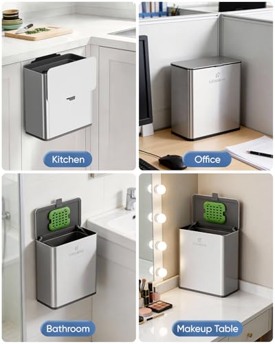 Kitchen Compost Bin, 10L/2.6G Trash Can with Lid, Slim Stainless Steel Hanging Garbage Bin for Kitchen, Bathroom, Bedroom, Office, Wall Mounted Compost Bin with Inner Bucket, Silver - size: 10L-Silver
