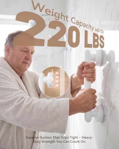 JOTPE 2026 Upgraded Suction Grab Bar for Shower,11-Inch No-Drill,White | Waterproof, removable shower grab bar mounts on smooth, non-porous surfaces without drilling for convenient balance support