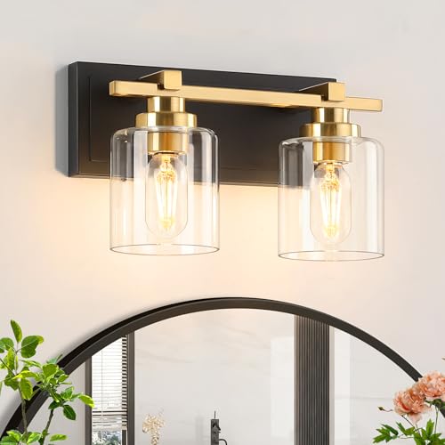 Modern Bathroom Light Fixtures Over Mirror, Vanity Lights for Bathroom Wall Sconces with Clear Glass Shades, E26 Socket (Bulbs Not Included), 2 Light, Black Gold - color: Black Gold - Clear Glass Shades, size: 2-Lights